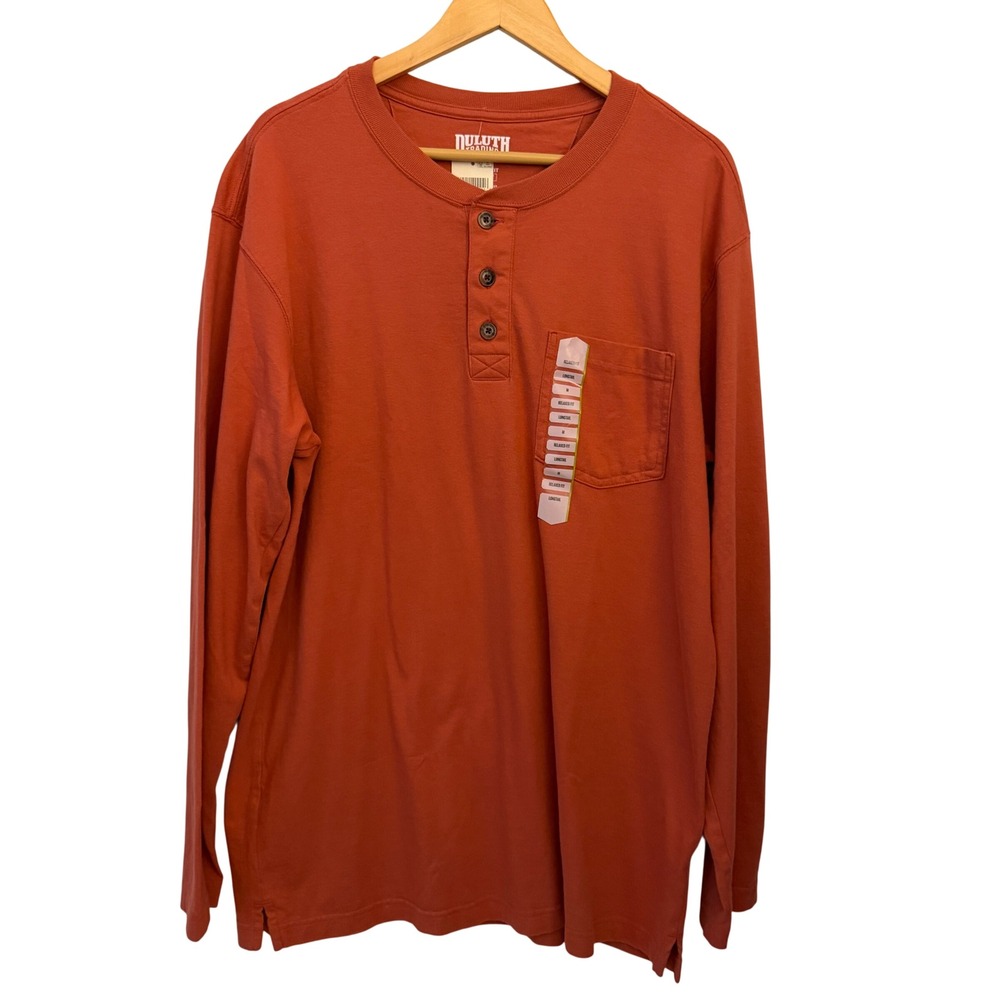 Duluth Trading Co Longtail T Henley Mens Medium Orange NWT Relaxed Fit Pocket